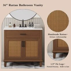Christopher Knight Home Behram Modern 36" Rattan And Wood Bathroom Vanity With Ceramic Sink And 3 Drawers -Living Furniture GUEST cefa20c5 17a1 44fc a7ad 0cd57ff0c8b2