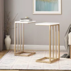 Set Of 2 Baywinds Modern Glam C-Shaped Accent Table White/Champagne Gold - Christopher Knight Home