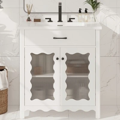 Christopher Knight Home Wiro Modern 31" Bathroom Vanity With Ceramic Sink, Tempered Glass Doors And Adjustable Shelves 9 Christopher Knight Home Wiro Modern 31" Bathroom Vanity With Ceramic Sink, Tempered Glass Doors And Adjustable Shelves - Image 9