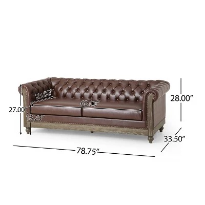 Castalia Chesterfield Tufted 3 Seater Sofa With Nailhead Trim Dark Brown/Natural - Christopher Knight Home 2 Castalia Chesterfield Tufted 3 Seater Sofa With Nailhead Trim Dark Brown/Natural - Christopher Knight Home - Image 2
