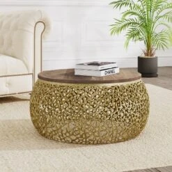 Christopher Knight Home Mandi Modern Aluminium And Mango Wood Handcrafted Round Coffee Table -Living Furniture GUEST dcc899eb b9c1 4e14 a3d5 bf04c11c2e93