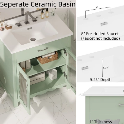 Christopher Knight Home Wiro Modern 31" Bathroom Vanity With Ceramic Sink, Tempered Glass Doors And Adjustable Shelves 4 Christopher Knight Home Wiro Modern 31" Bathroom Vanity With Ceramic Sink, Tempered Glass Doors And Adjustable Shelves - Image 4