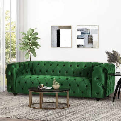 Sagewood Contemporary Velvet Tufted 3 Seater Sofa Emerald/Espresso - Christopher Knight Home 1 Sagewood Contemporary Velvet Tufted 3 Seater Sofa Emerald/Espresso - Christopher Knight Home