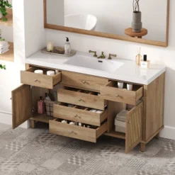Christopher Knight Home Emilie 60" Modern Bathroom Vanity With SMC Sink, 5 Drawers And 2 Rattan Doors