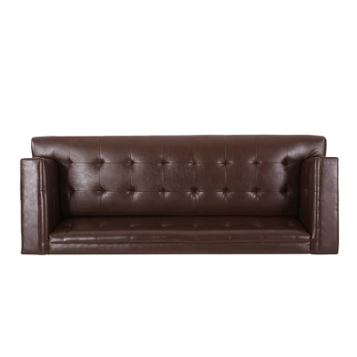 Raintree Mid Century Modern Faux Leather Tufted 3 Seater Sofa Dark Brown/Espresso - Christopher Knight Home 3 Raintree Mid Century Modern Faux Leather Tufted 3 Seater Sofa Dark Brown/Espresso - Christopher Knight Home - Image 3