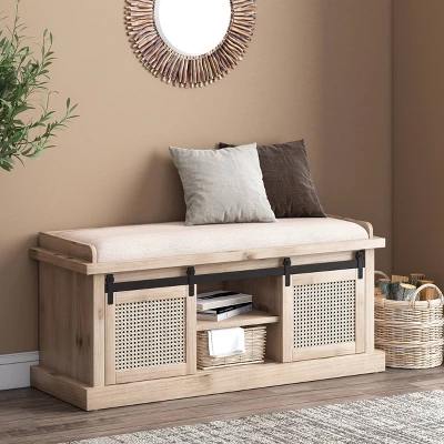 Niemi Rustic Storage Bench With Cushion Beige/ Natural/Black - Christopher Knight Home 1 Niemi Rustic Storage Bench With Cushion Beige/ Natural/Black - Christopher Knight Home