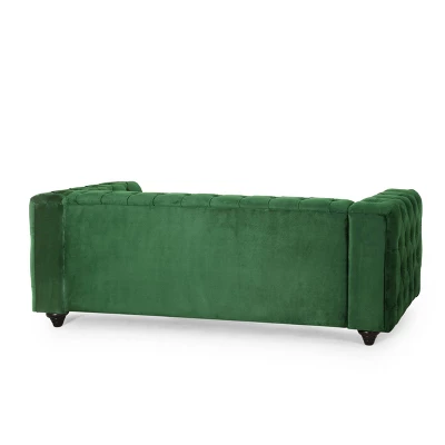 Sagewood Contemporary Velvet Tufted 3 Seater Sofa Emerald/Espresso - Christopher Knight Home 2 Sagewood Contemporary Velvet Tufted 3 Seater Sofa Emerald/Espresso - Christopher Knight Home - Image 2